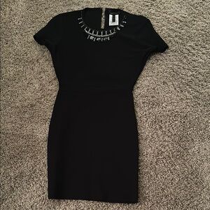 BCBGMaxazria Black Mini Dress with Embellished Neckline